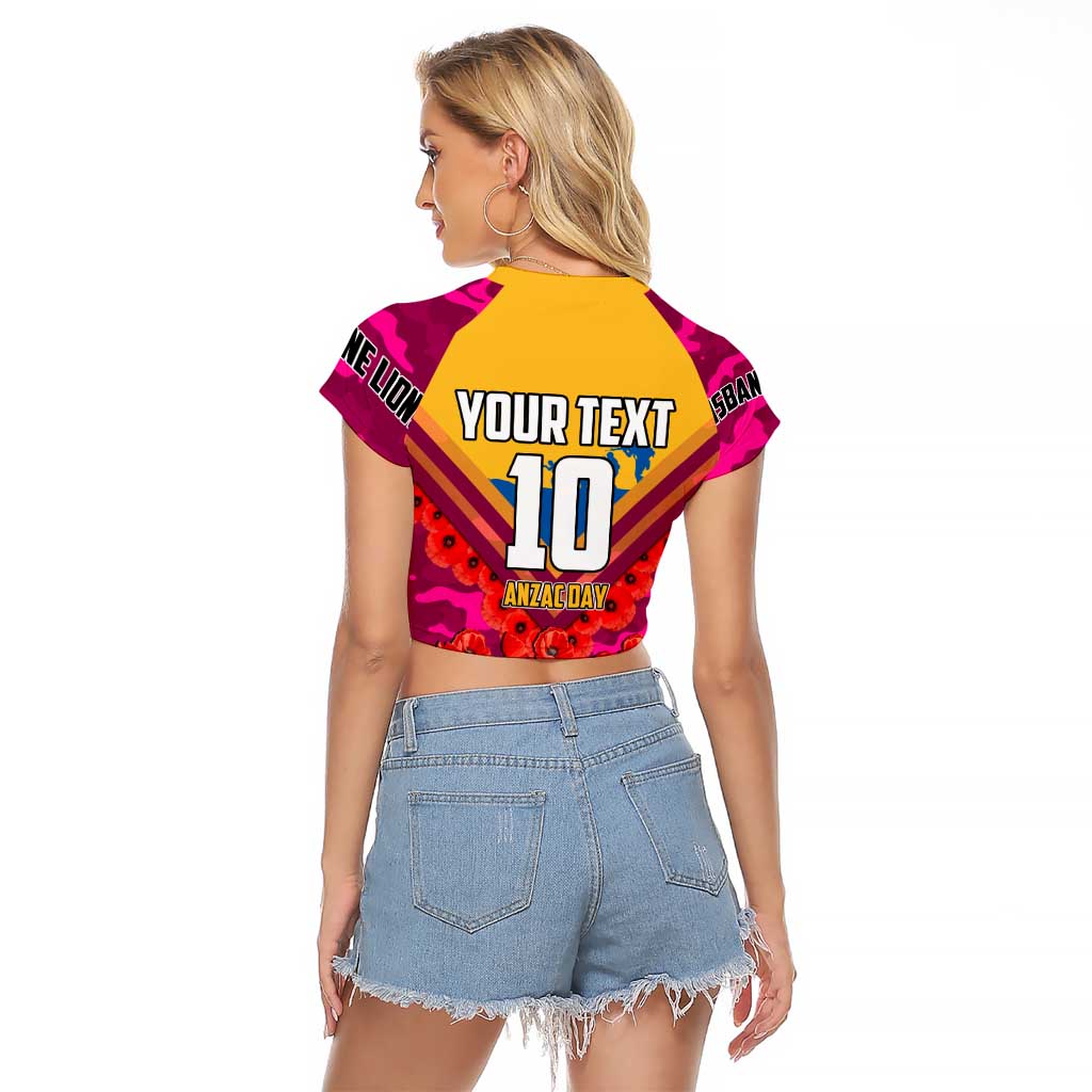 Personalised Brisbane Lions ANZAC Raglan Cropped T Shirt Military Remembrance Australian Football Mascot Camouflage