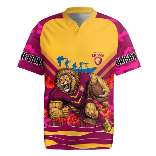 Personalised Brisbane Lions ANZAC Rugby Jersey Military Remembrance Australian Football Mascot Camouflage