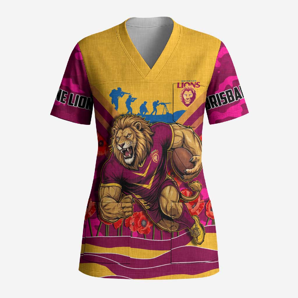 Personalised Brisbane Lions ANZAC Scrub Top Military Remembrance Australian Football Mascot Camouflage