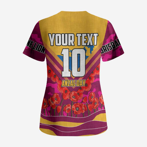 Personalised Brisbane Lions ANZAC Scrub Top Military Remembrance Australian Football Mascot Camouflage