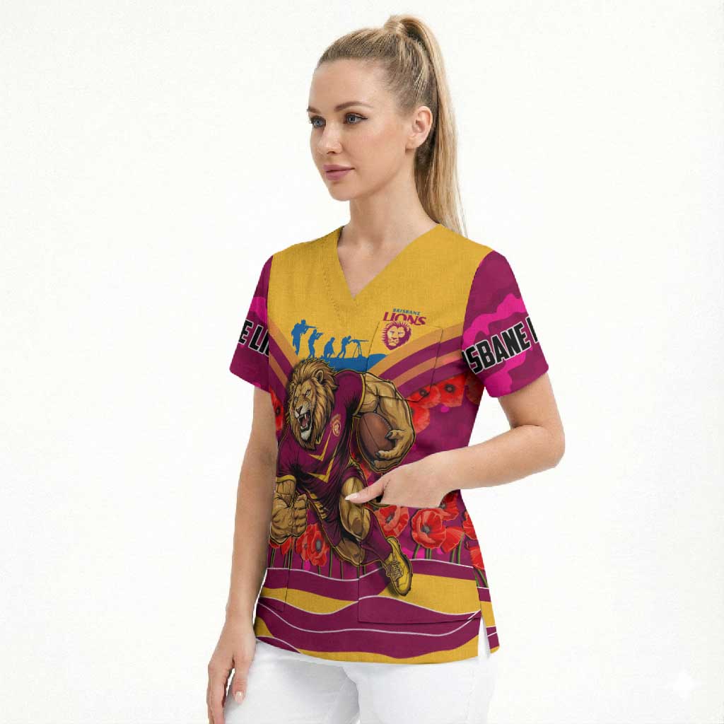 Personalised Brisbane Lions ANZAC Scrub Top Military Remembrance Australian Football Mascot Camouflage
