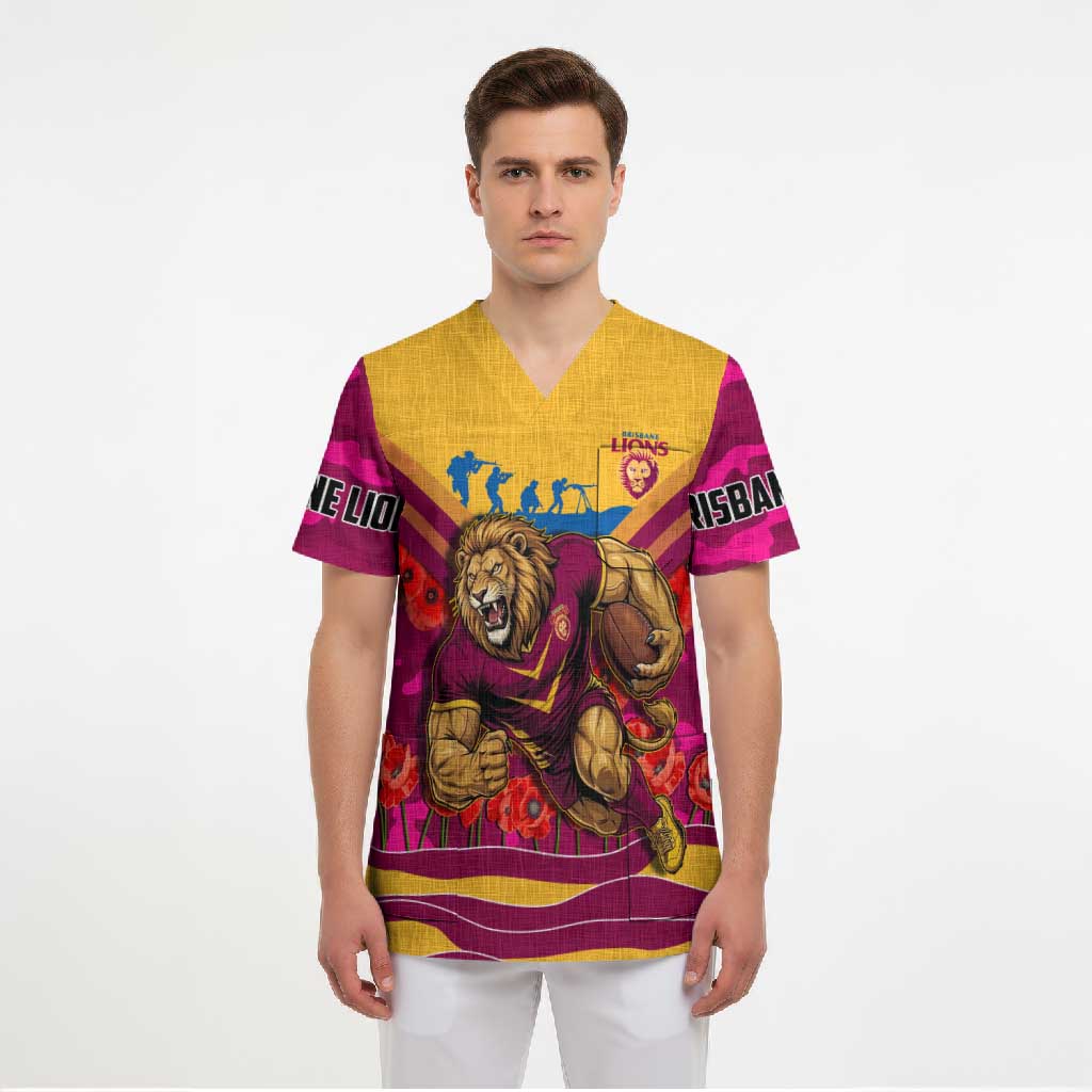 Personalised Brisbane Lions ANZAC Scrub Top Military Remembrance Australian Football Mascot Camouflage