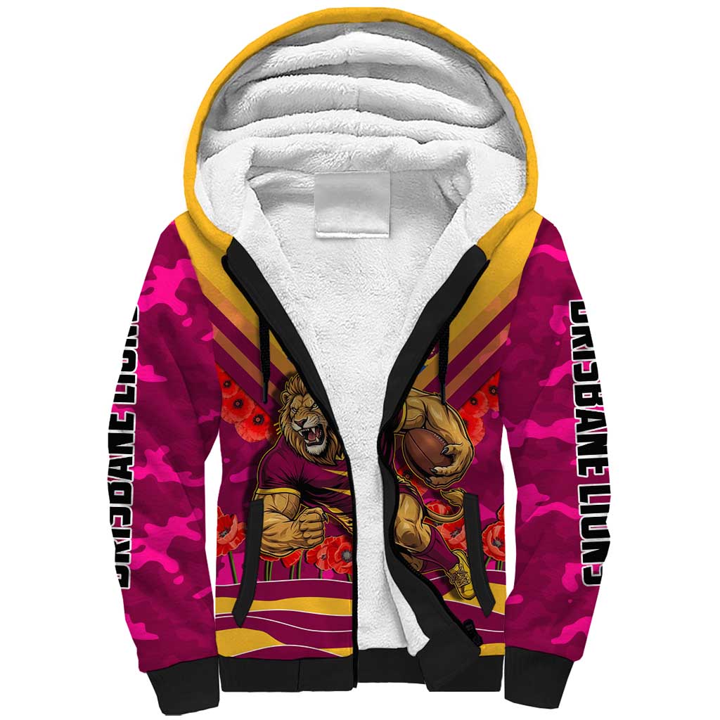 Personalised Brisbane Lions ANZAC Sherpa Hoodie Military Remembrance Australian Football Mascot Camouflage