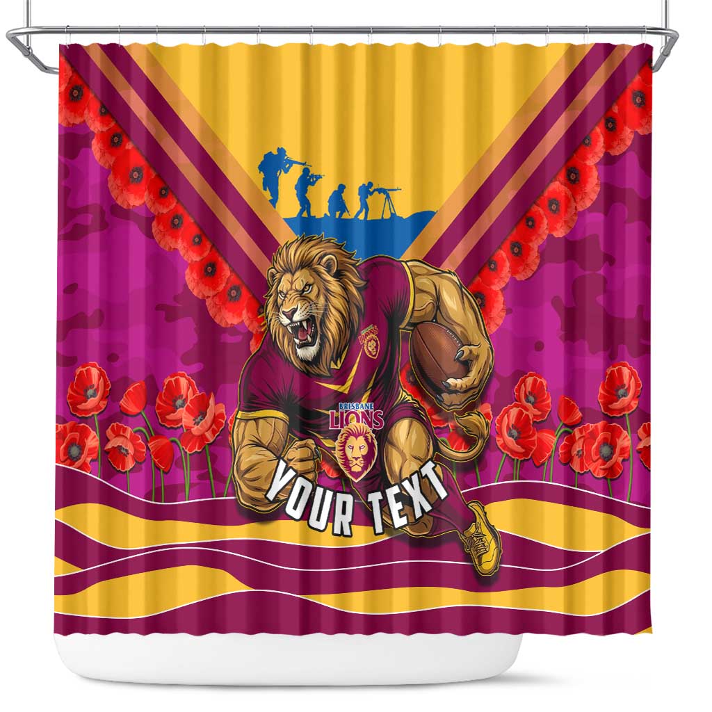 Personalised Brisbane Lions ANZAC Shower Curtain Military Remembrance Australian Football Mascot Camouflage