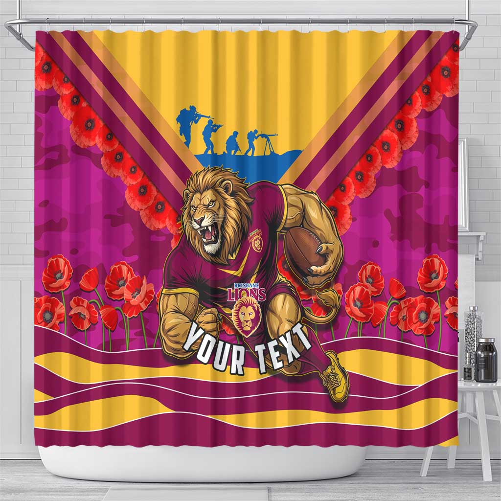 Personalised Brisbane Lions ANZAC Shower Curtain Military Remembrance Australian Football Mascot Camouflage