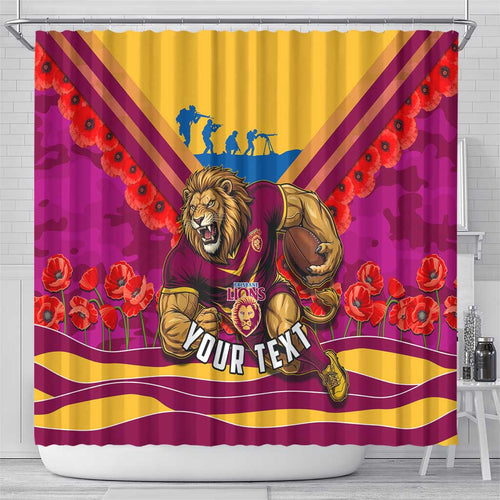 Personalised Brisbane Lions ANZAC Shower Curtain Military Remembrance Australian Football Mascot Camouflage