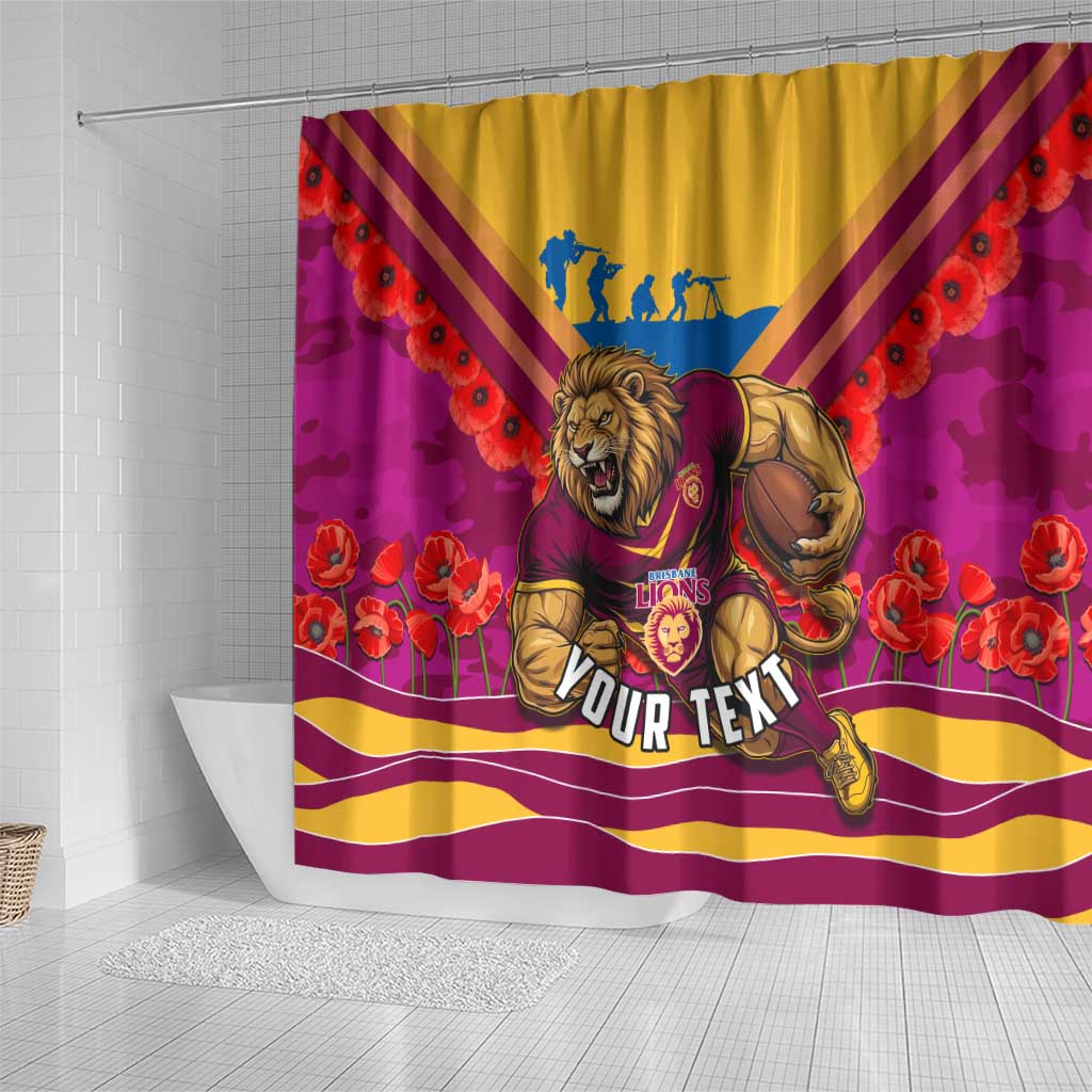 Personalised Brisbane Lions ANZAC Shower Curtain Military Remembrance Australian Football Mascot Camouflage