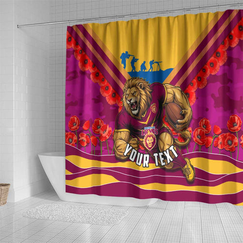 Personalised Brisbane Lions ANZAC Shower Curtain Military Remembrance Australian Football Mascot Camouflage