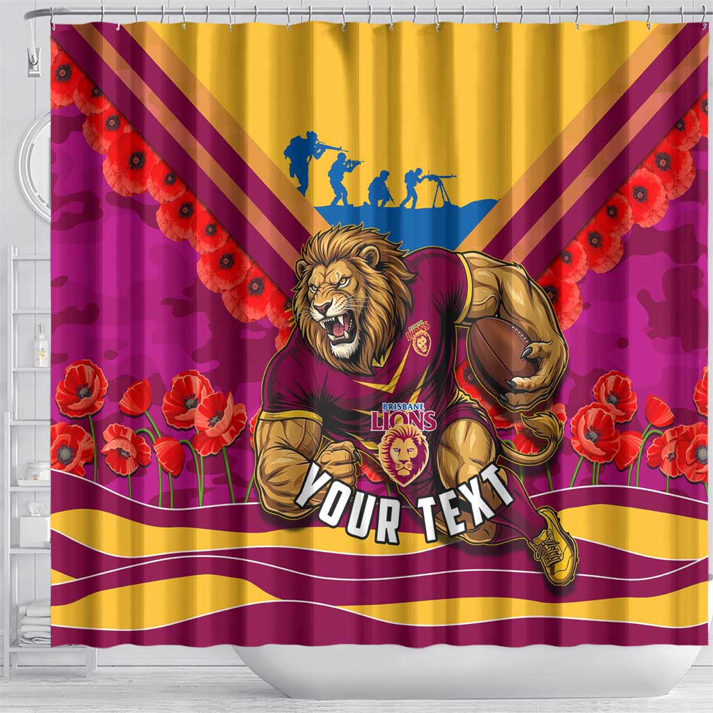 Personalised Brisbane Lions ANZAC Shower Curtain Military Remembrance Australian Football Mascot Camouflage