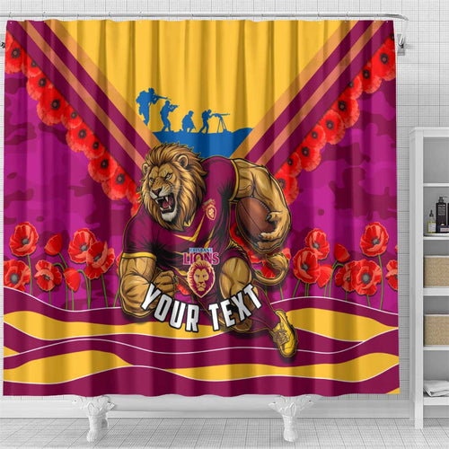 Personalised Brisbane Lions ANZAC Shower Curtain Military Remembrance Australian Football Mascot Camouflage