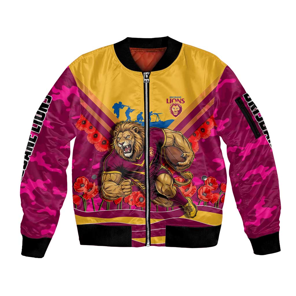 Personalised Brisbane Lions ANZAC Sleeve Zip Bomber Jacket Military Remembrance Australian Football Mascot Camouflage