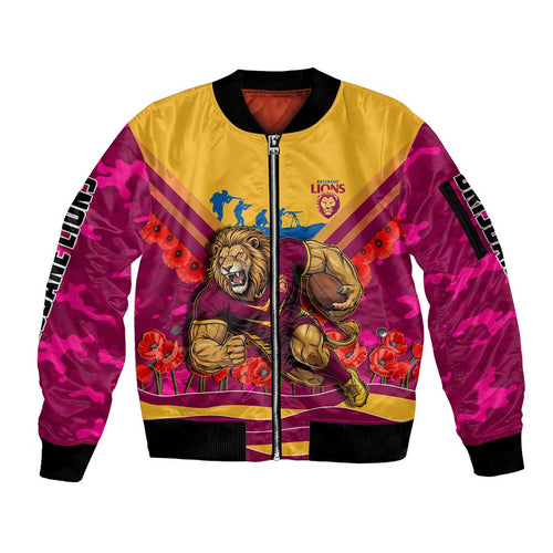 Personalised Brisbane Lions ANZAC Sleeve Zip Bomber Jacket Military Remembrance Australian Football Mascot Camouflage