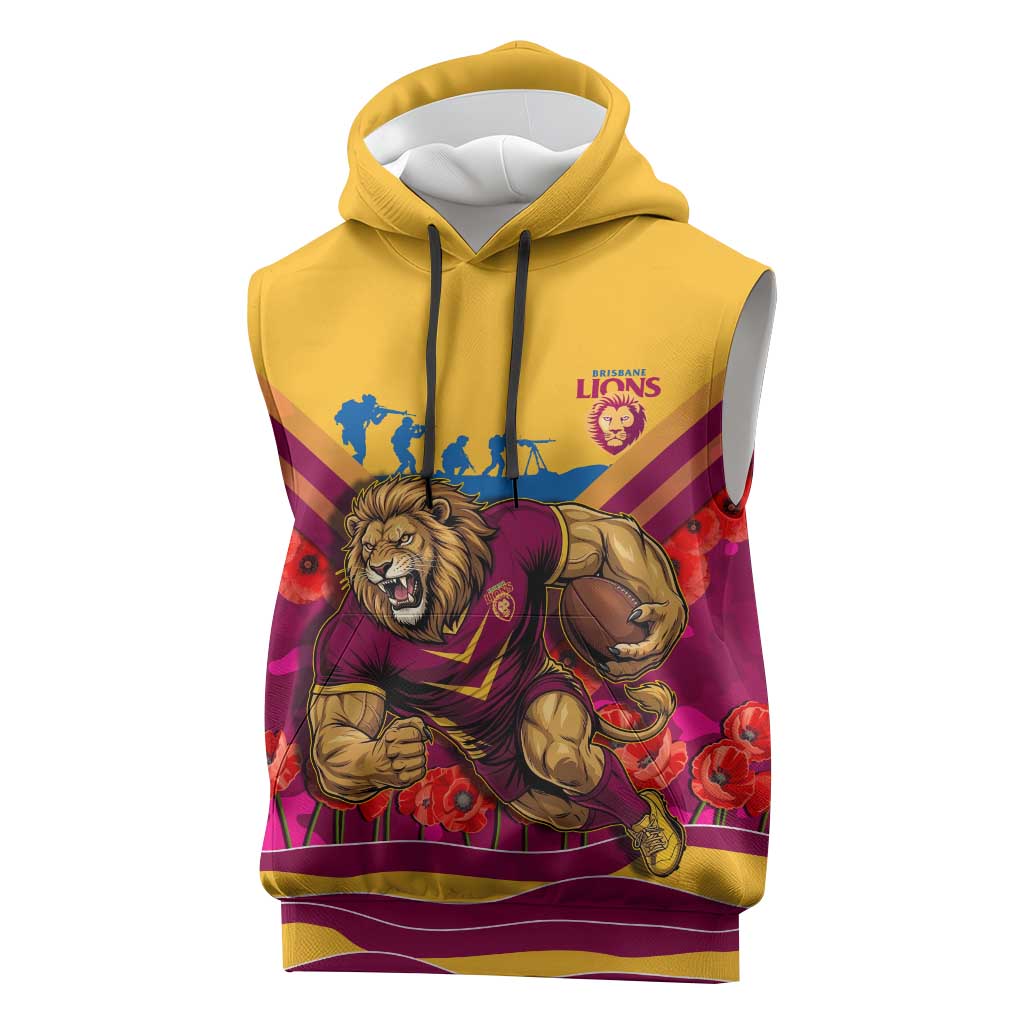 Personalised Brisbane Lions ANZAC Sleeveless Hoodie Military Remembrance Australian Football Mascot Camouflage