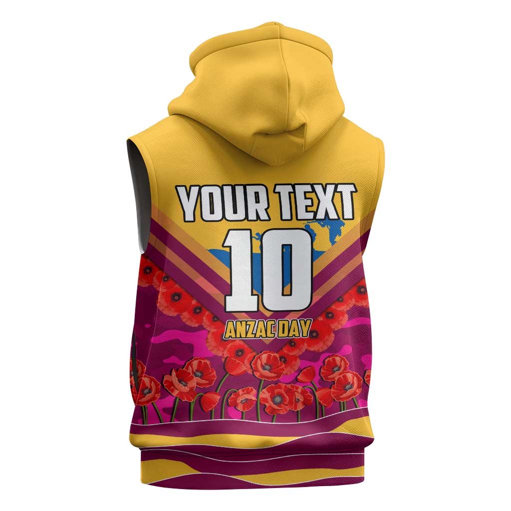 Personalised Brisbane Lions ANZAC Sleeveless Hoodie Military Remembrance Australian Football Mascot Camouflage