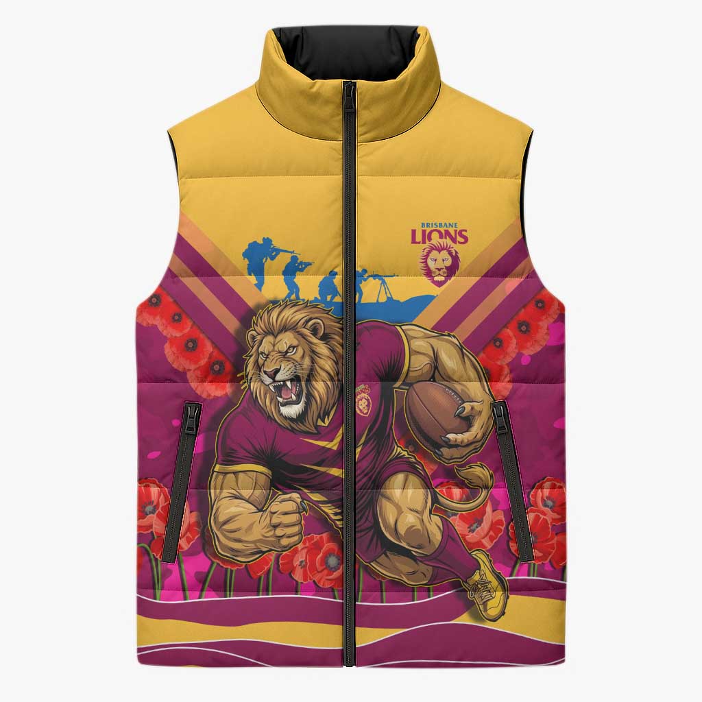 Personalised Brisbane Lions ANZAC Sleeveless Puffer Jacket Military Remembrance Australian Football Mascot Camouflage
