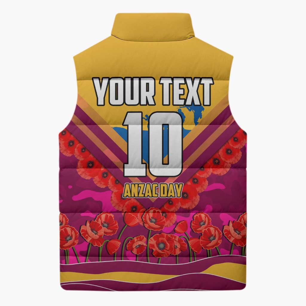 Personalised Brisbane Lions ANZAC Sleeveless Puffer Jacket Military Remembrance Australian Football Mascot Camouflage