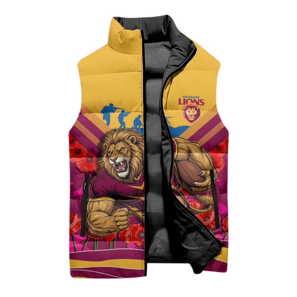 Personalised Brisbane Lions ANZAC Sleeveless Puffer Jacket Military Remembrance Australian Football Mascot Camouflage