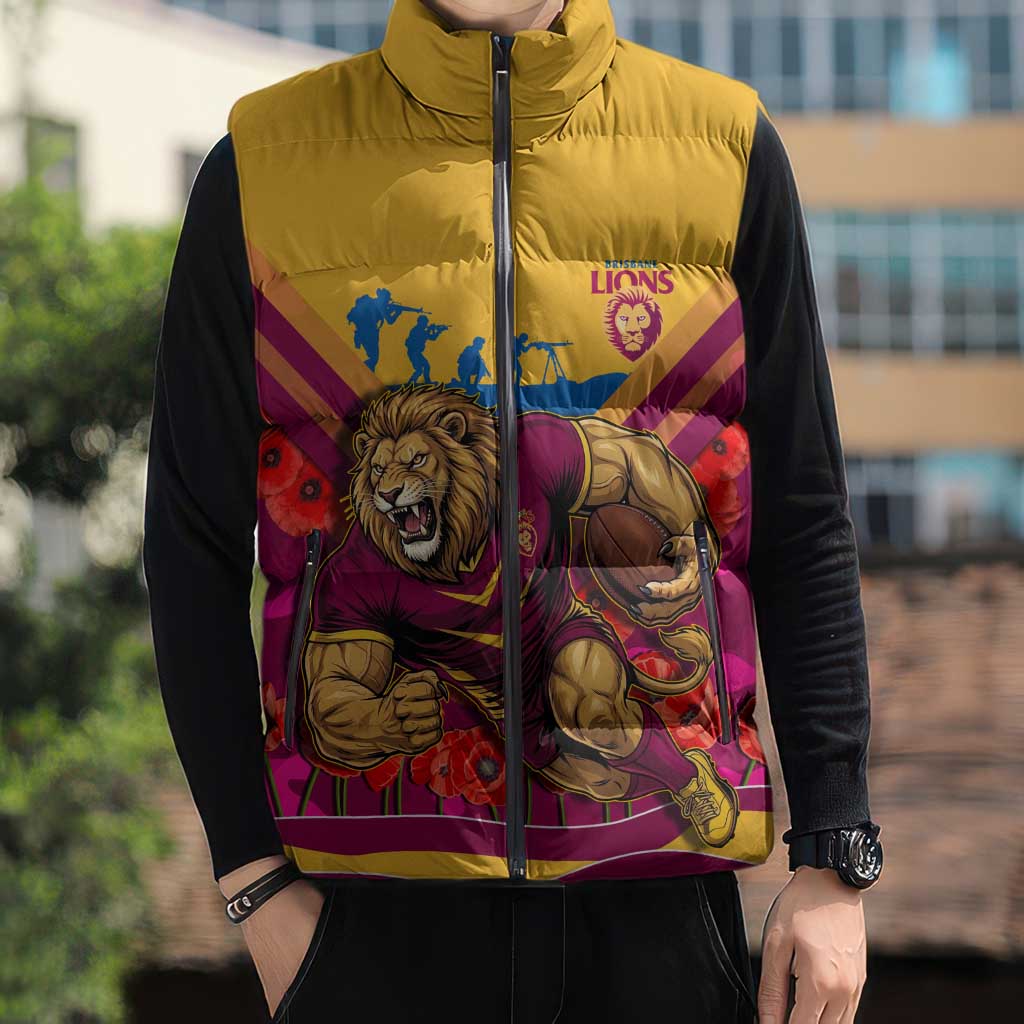Personalised Brisbane Lions ANZAC Sleeveless Puffer Jacket Military Remembrance Australian Football Mascot Camouflage