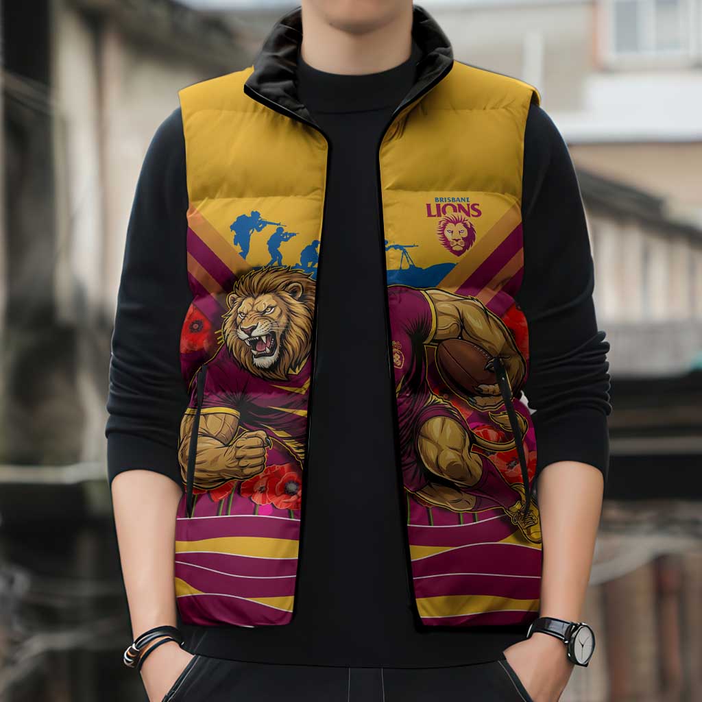 Personalised Brisbane Lions ANZAC Sleeveless Puffer Jacket Military Remembrance Australian Football Mascot Camouflage