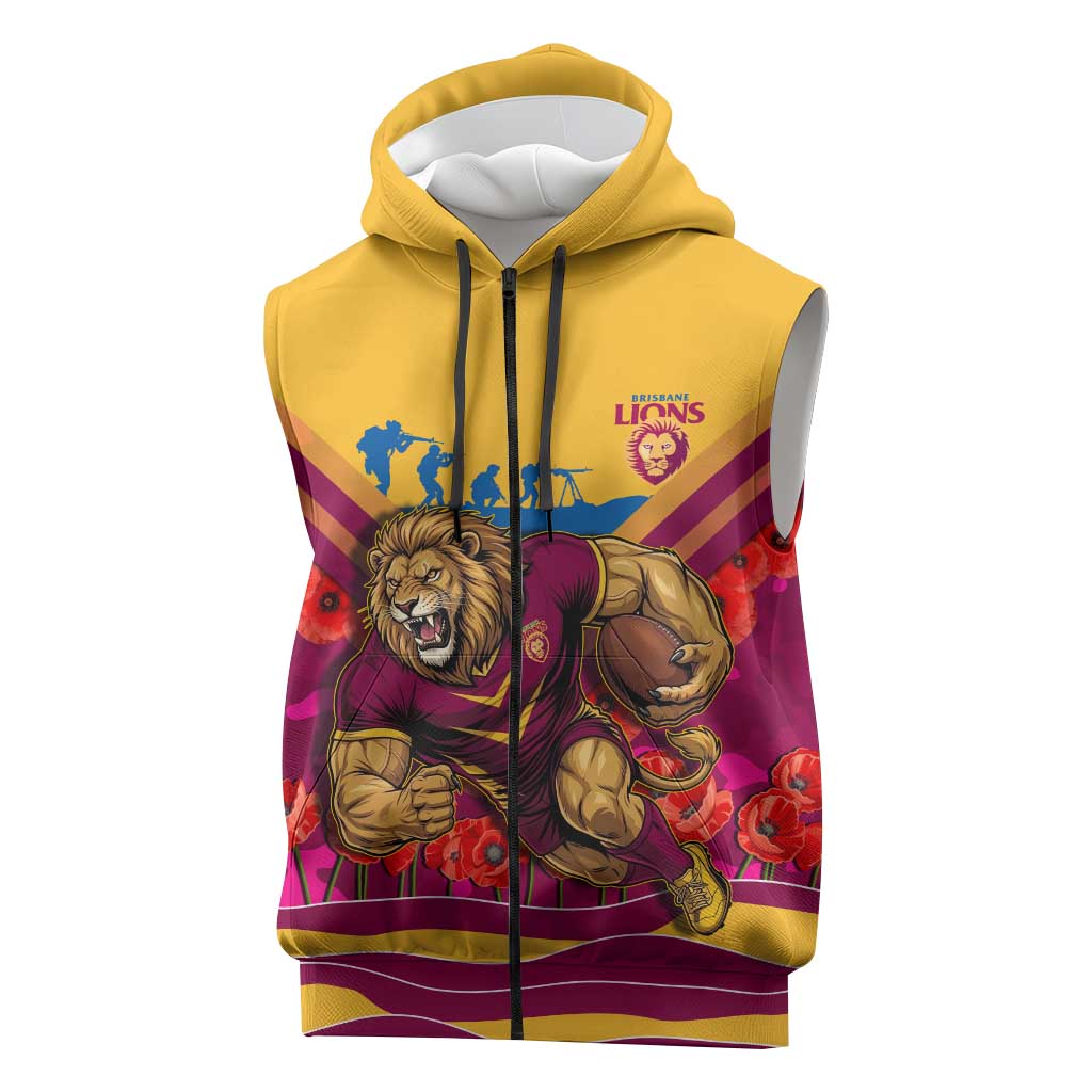 Personalised Brisbane Lions ANZAC Sleeveless Zip Hoodie Military Remembrance Australian Football Mascot Camouflage