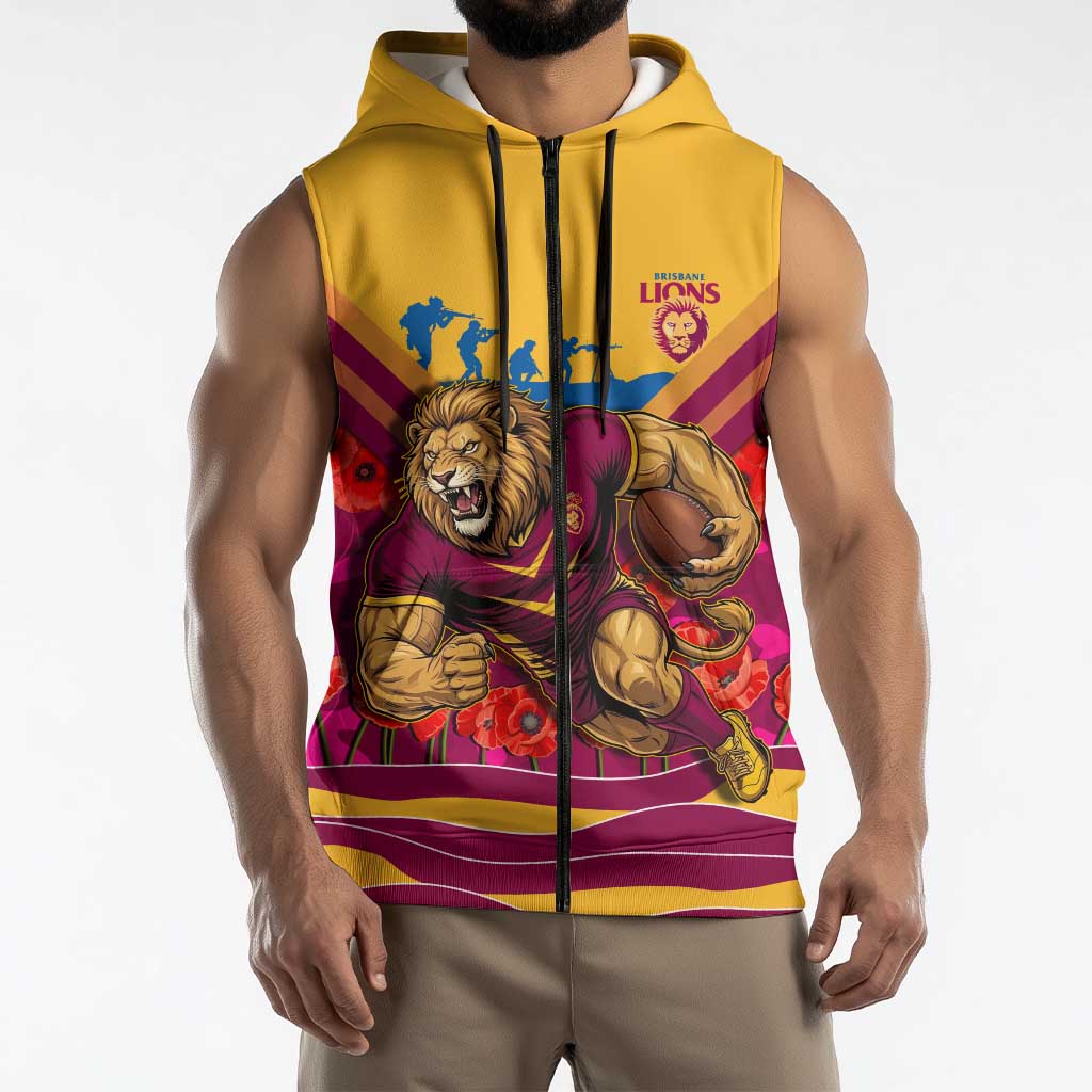 Personalised Brisbane Lions ANZAC Sleeveless Zip Hoodie Military Remembrance Australian Football Mascot Camouflage