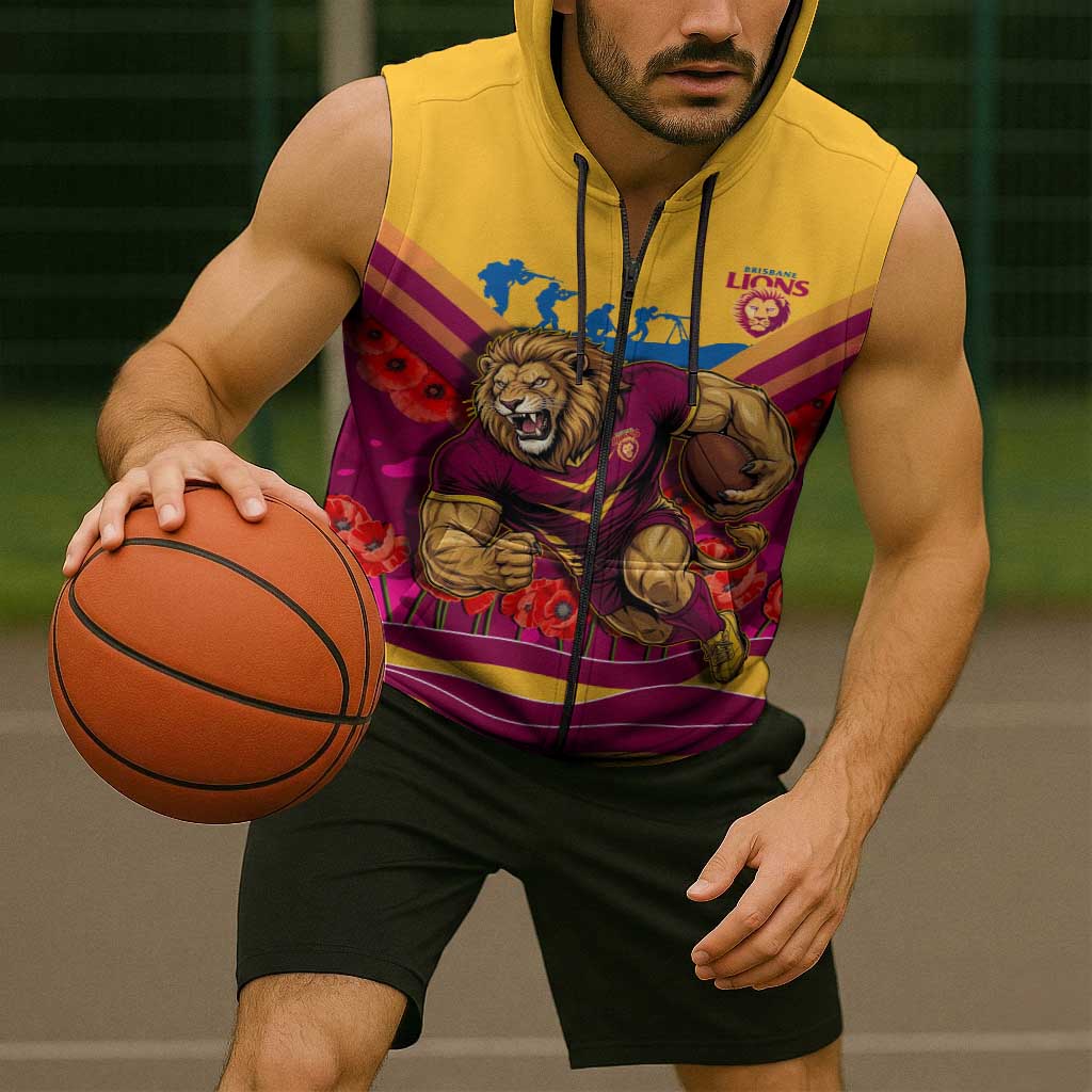 Personalised Brisbane Lions ANZAC Sleeveless Zip Hoodie Military Remembrance Australian Football Mascot Camouflage