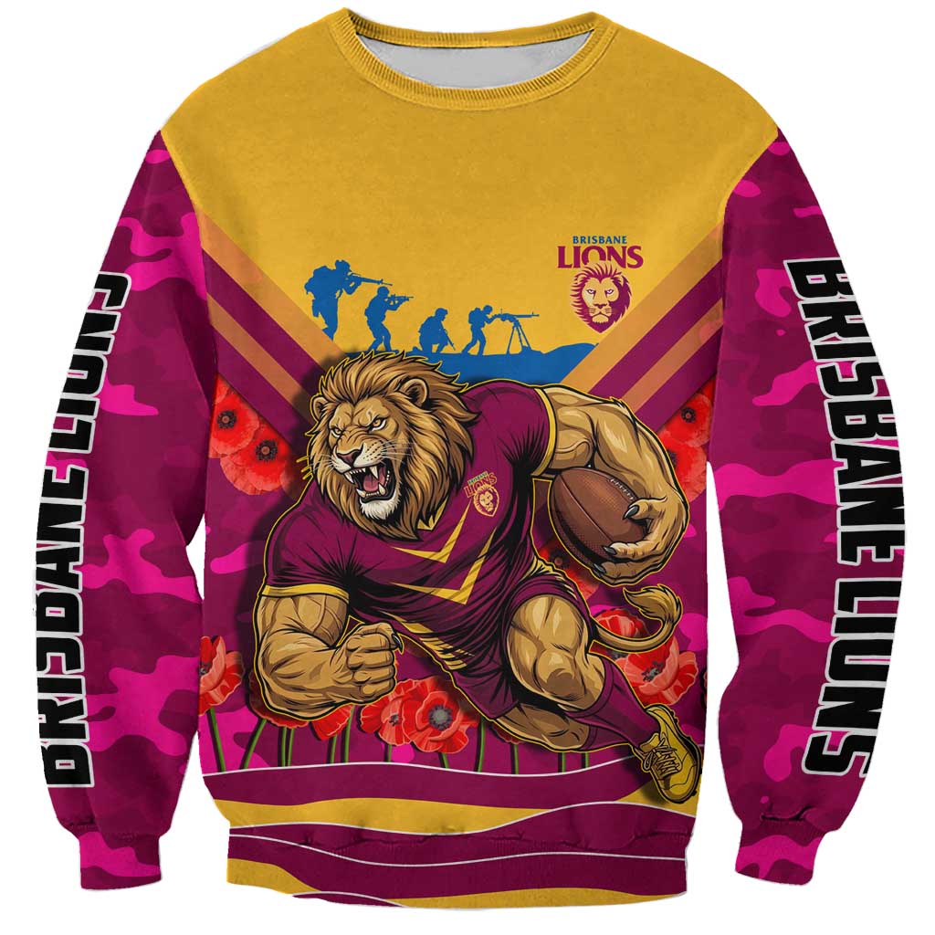 Personalised Brisbane Lions ANZAC Sweatshirt Military Remembrance Australian Football Mascot Camouflage