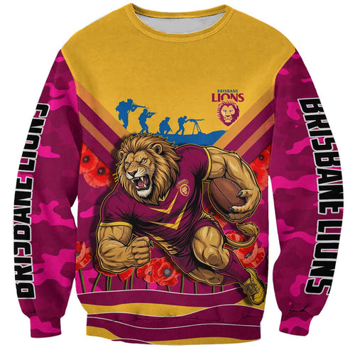 Personalised Brisbane Lions ANZAC Sweatshirt Military Remembrance Australian Football Mascot Camouflage
