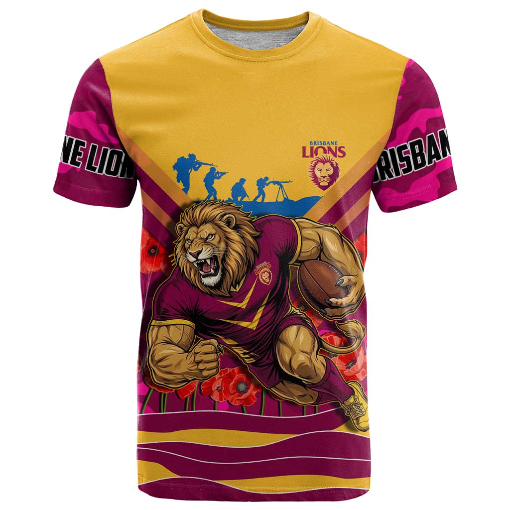 Personalised Brisbane Lions ANZAC T Shirt Military Remembrance Australian Football Mascot Camouflage