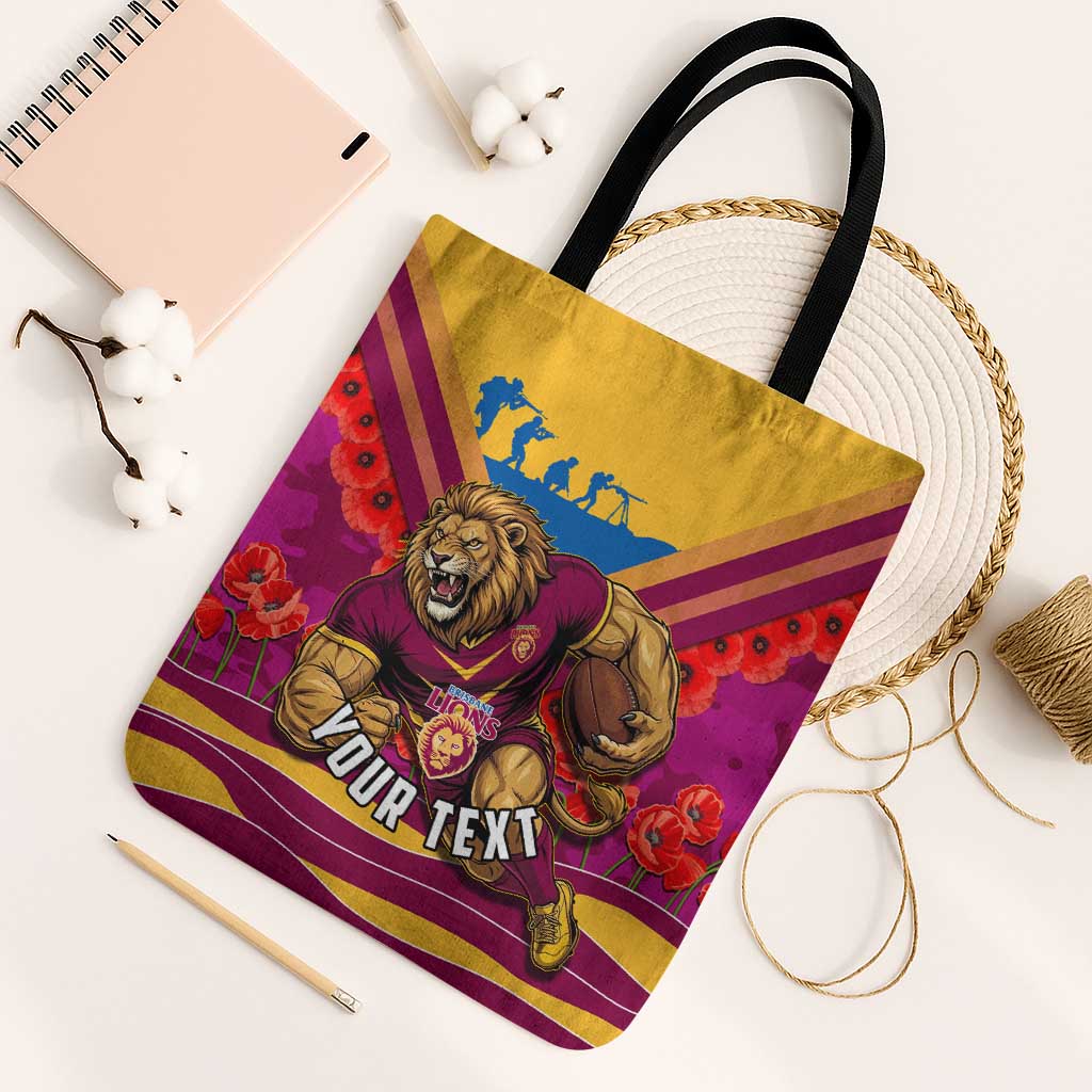 Personalised Brisbane Lions ANZAC Tote Bag Military Remembrance Australian Football Mascot Camouflage