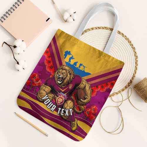 Personalised Brisbane Lions ANZAC Tote Bag Military Remembrance Australian Football Mascot Camouflage