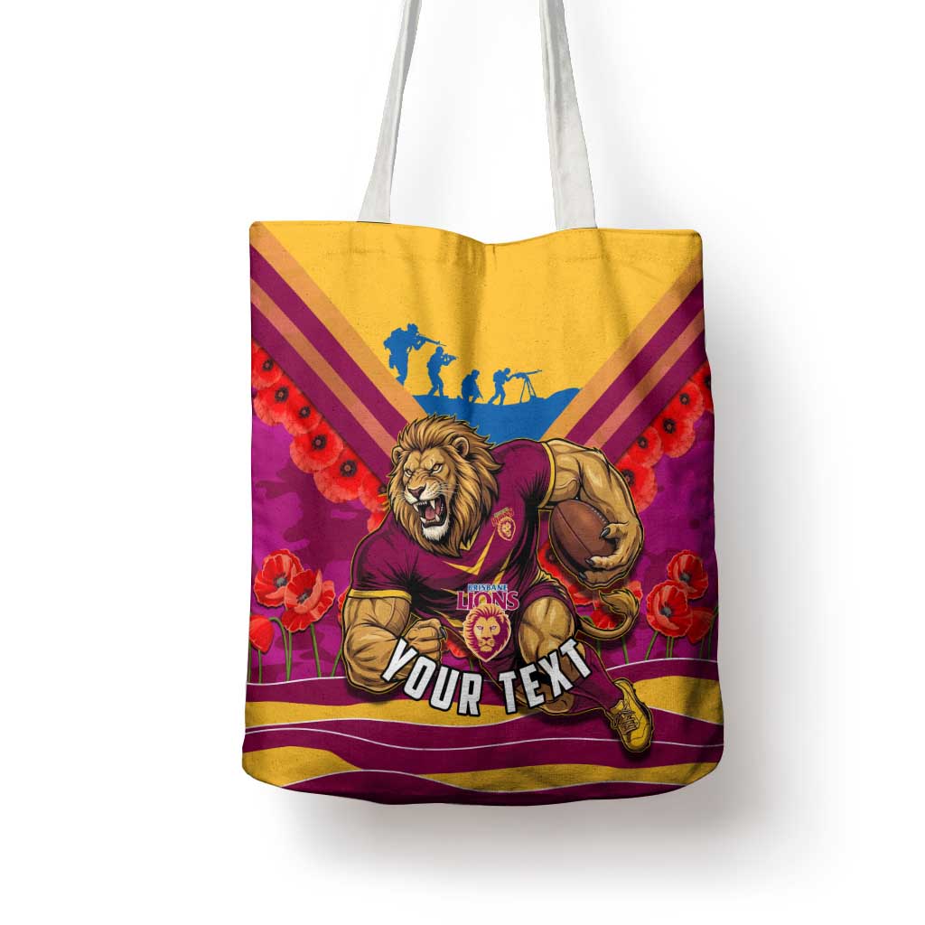Personalised Brisbane Lions ANZAC Tote Bag Military Remembrance Australian Football Mascot Camouflage