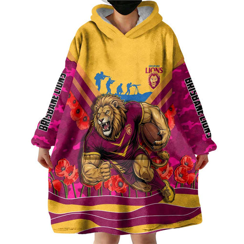 Personalised Brisbane Lions ANZAC Wearable Blanket Hoodie Military Remembrance Australian Football Mascot Camouflage