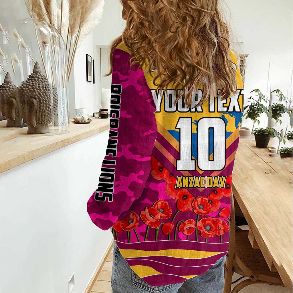 Personalised Brisbane Lions ANZAC Women Casual Shirt Military Remembrance Australian Football Mascot Camouflage