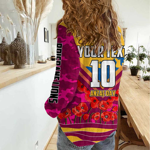 Personalised Brisbane Lions ANZAC Women Casual Shirt Military Remembrance Australian Football Mascot Camouflage