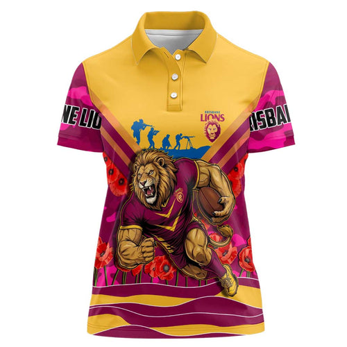 Personalised Brisbane Lions ANZAC Women Polo Shirt Military Remembrance Australian Football Mascot Camouflage