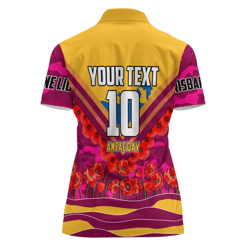 Personalised Brisbane Lions ANZAC Women Polo Shirt Military Remembrance Australian Football Mascot Camouflage