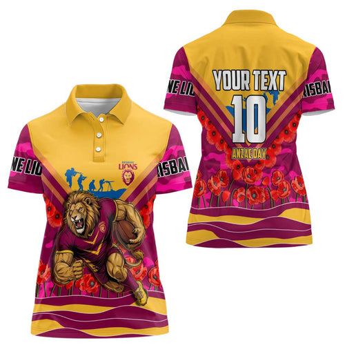 Personalised Brisbane Lions ANZAC Women Polo Shirt Military Remembrance Australian Football Mascot Camouflage