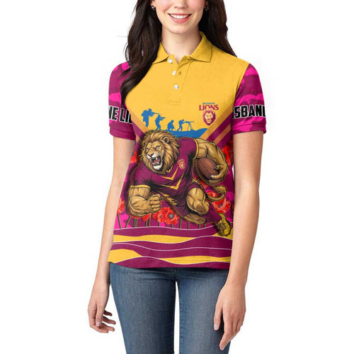 Personalised Brisbane Lions ANZAC Women Polo Shirt Military Remembrance Australian Football Mascot Camouflage