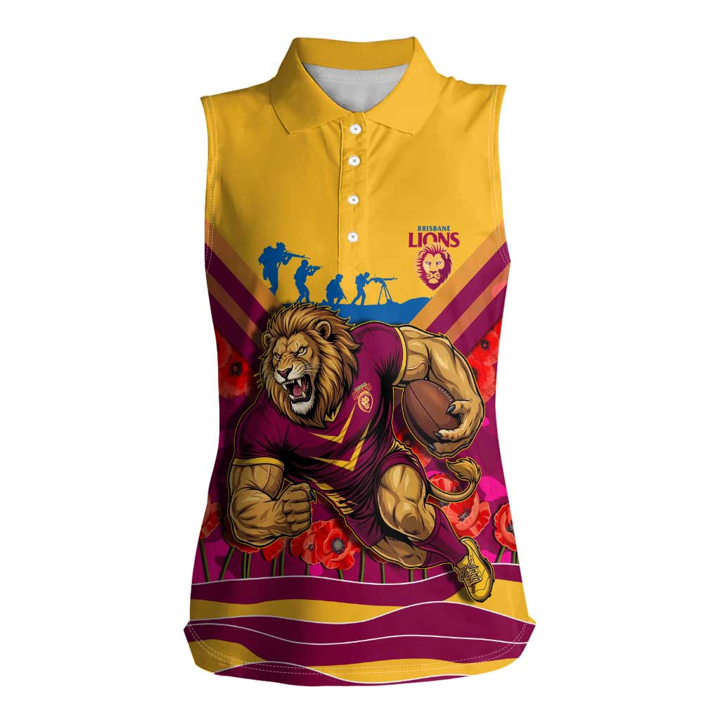 Personalised Brisbane Lions ANZAC Women Sleeveless Polo Shirt Military Remembrance Australian Football Mascot Camouflage