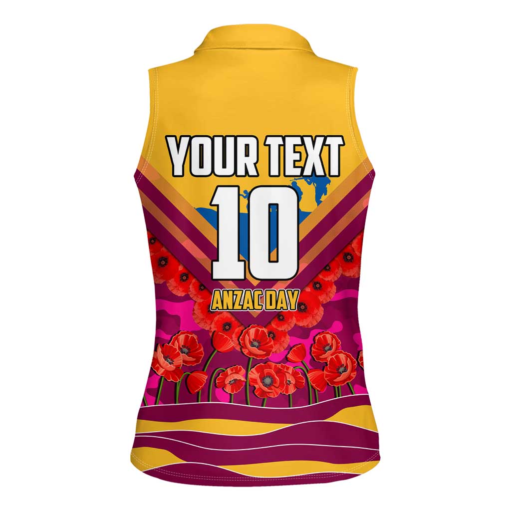 Personalised Brisbane Lions ANZAC Women Sleeveless Polo Shirt Military Remembrance Australian Football Mascot Camouflage