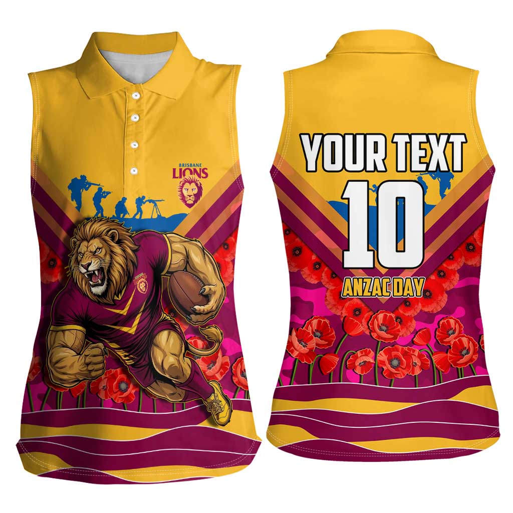 Personalised Brisbane Lions ANZAC Women Sleeveless Polo Shirt Military Remembrance Australian Football Mascot Camouflage