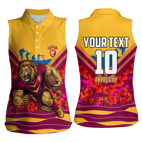 Personalised Brisbane Lions ANZAC Women Sleeveless Polo Shirt Military Remembrance Australian Football Mascot Camouflage