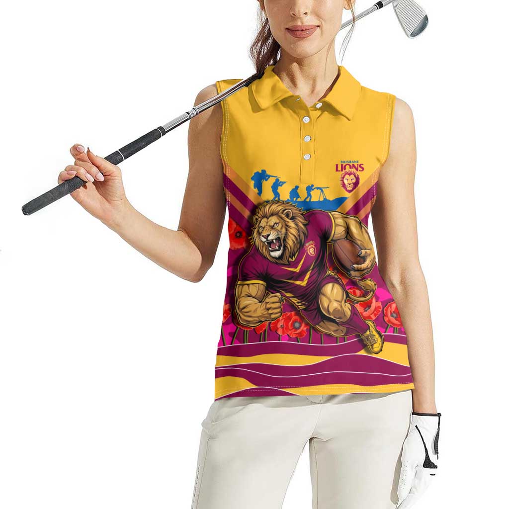 Personalised Brisbane Lions ANZAC Women Sleeveless Polo Shirt Military Remembrance Australian Football Mascot Camouflage