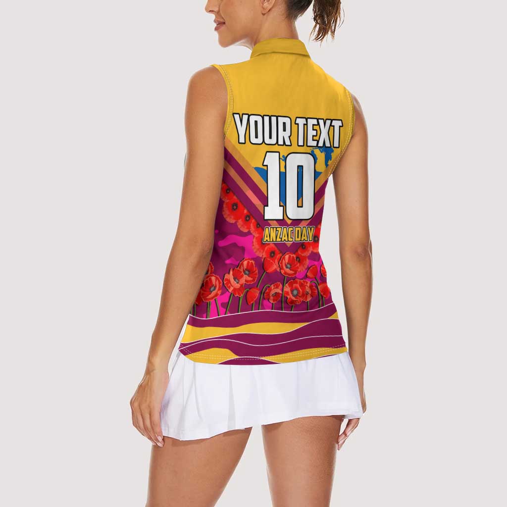 Personalised Brisbane Lions ANZAC Women Sleeveless Polo Shirt Military Remembrance Australian Football Mascot Camouflage
