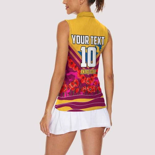 Personalised Brisbane Lions ANZAC Women Sleeveless Polo Shirt Military Remembrance Australian Football Mascot Camouflage