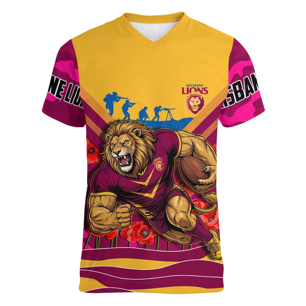 Personalised Brisbane Lions ANZAC Women V-Neck T-Shirt Military Remembrance Australian Football Mascot Camouflage