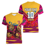 Personalised Brisbane Lions ANZAC Women V-Neck T-Shirt Military Remembrance Australian Football Mascot Camouflage
