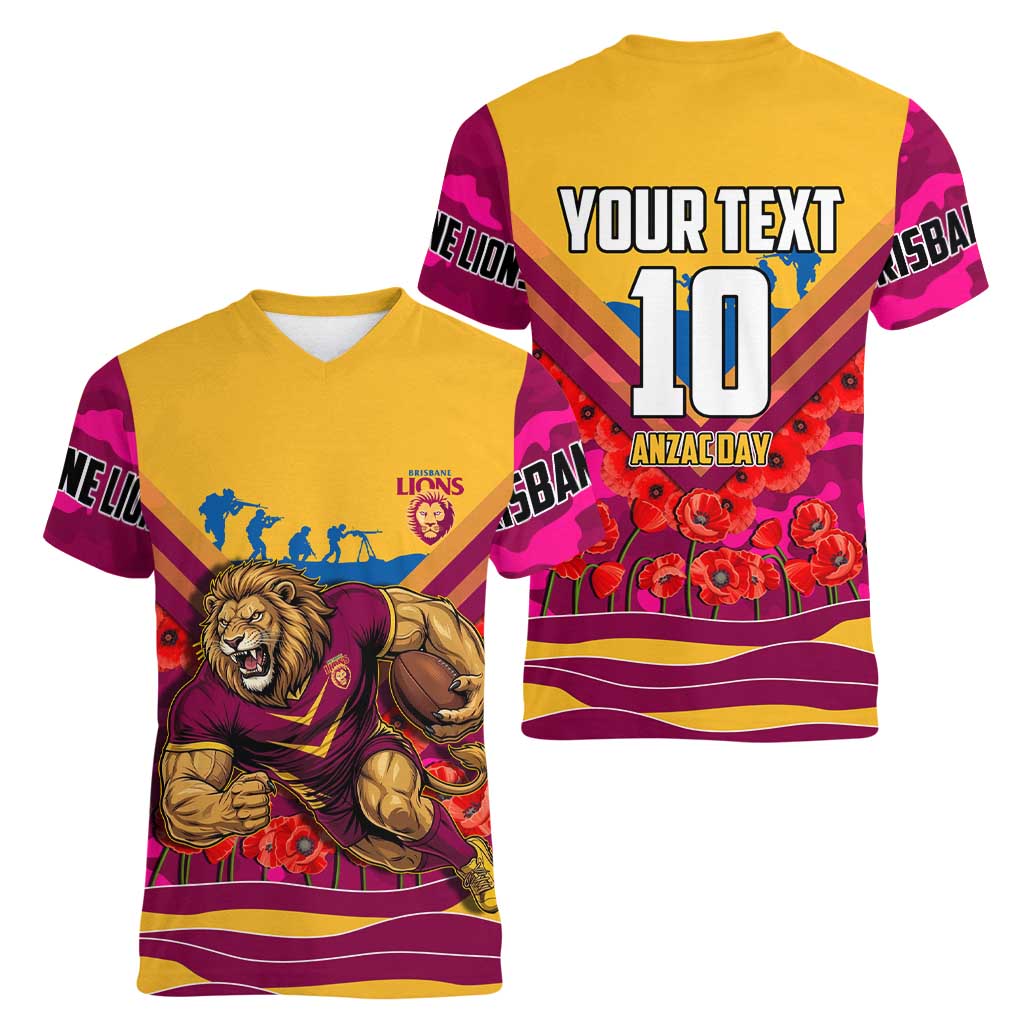Personalised Brisbane Lions ANZAC Women V-Neck T-Shirt Military Remembrance Australian Football Mascot Camouflage