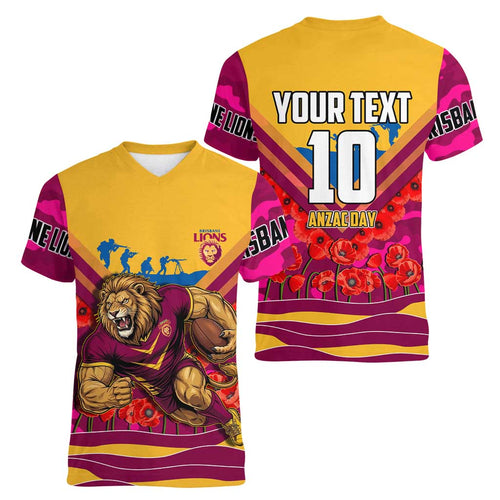 Personalised Brisbane Lions ANZAC Women V-Neck T-Shirt Military Remembrance Australian Football Mascot Camouflage